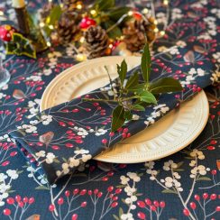 Luxury Linen-Feel Christmas Napkins - Robin & Berries Navy (38cm) Available in Set of 4 or 6