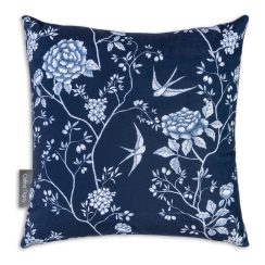 Luxury Super Soft Traditional Floral Velvet Cushion - Cecylia Navy, Swallow Birds & Floral Design