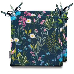 Set of 2 Water Resistant Garden Seat Pads - Forget me Not Navy Blue Floral Design