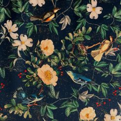 Luxury Heavyweight Upholstery Velvet Fabric by the Metre - Wild Rose Pacific Blue - Birds & Floral Design