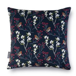 Luxury Christmas Velvet Cushion - Robin & Berries Navy - Available in 3 Sizes