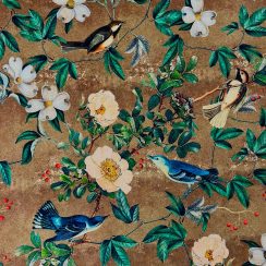 Luxury Heavyweight Upholstery Velvet Fabric by the Metre - Wild Rose Gold - Birds & Floral Design