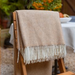 Luxurious 100% Wool Herringbone Blanket - Light Brown / Beige