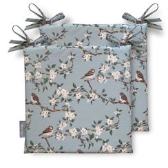 Set of 2 Water Resistant Garden Seat Pads - Orchard Blossom Duck Egg - Sparrow Birds & Floral Design (Available in 3 Sizes)