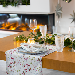Luxury Linen-Feel Christmas Table Runner - Robin & Berries Grey - Available in 3 Lengths