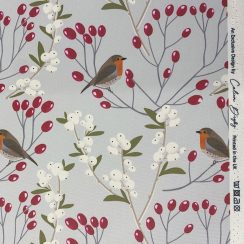 Premium Quality Water and Stain-Resistant Fabric - Robin & Berries Grey - Christmas Design