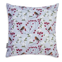 Luxury Christmas Velvet Cushion - Robin & Berries Light Grey - Available in 3 Sizes