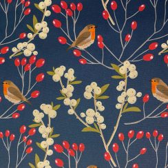 Premium Quality Water and Stain-Resistant Fabric - Robin & Berries Navy - Christmas Design