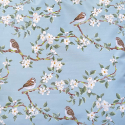 Premium Quality Water and Stain-Resistant Fabric - Orchard Blossom Duck Egg - Floral & Birds Design