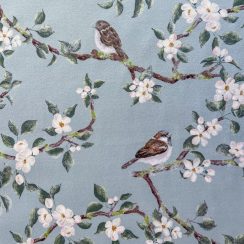 Luxury Heavyweight Upholstery Velvet Fabric by the Metre - Orchard Blossom Duck Egg - Sparrow Birds & Floral Design