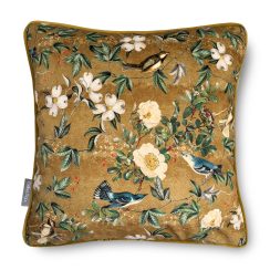 Luxury Super Soft Velvet Cushion - Wild Rose Antique Gold, Birds & Floral Design - Available in 3 Sizes, Square and Rectangular