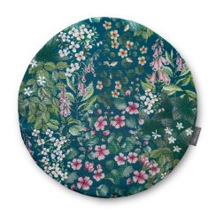 Circular / Round (38cm) Water Resistant Garden Seat Pad - Cottage Garden Teal, Traditional Floral Design
