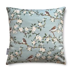 Luxury Super Soft Velvet Cushion - Orchard Blossom Duck Egg Blue - Available in 3 Sizes, Square and Rectangular, Floral Design with Sparrows